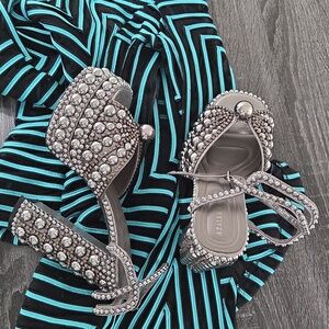 AZALEA WANG 6.5 ASTRELLA Silver Embellished Platform High Heel Sandals - Women